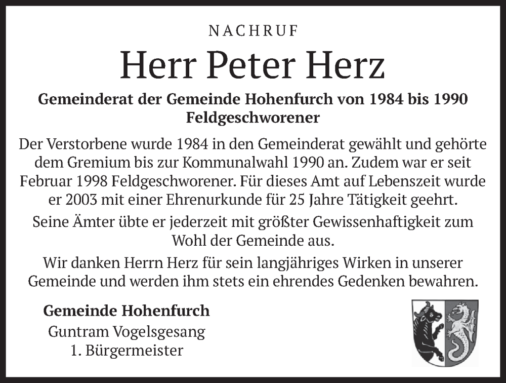  Traueranzeige für Peter Herz vom 11.02.2026 aus merkurtz
