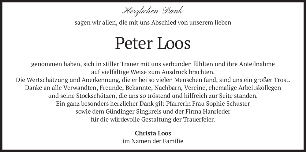  Traueranzeige für Peter Loos vom 14.02.2026 aus merkurtz