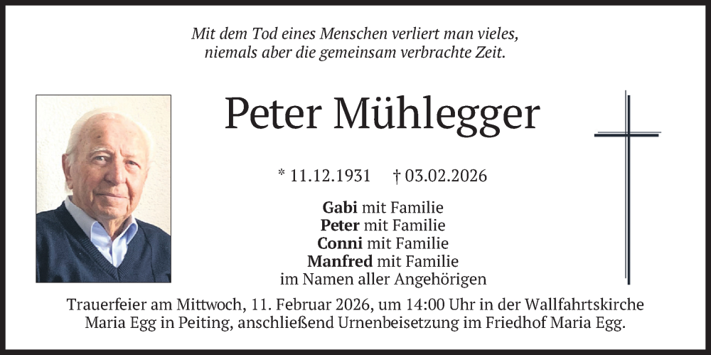  Traueranzeige für Peter Mühlegger vom 07.02.2026 aus merkurtz