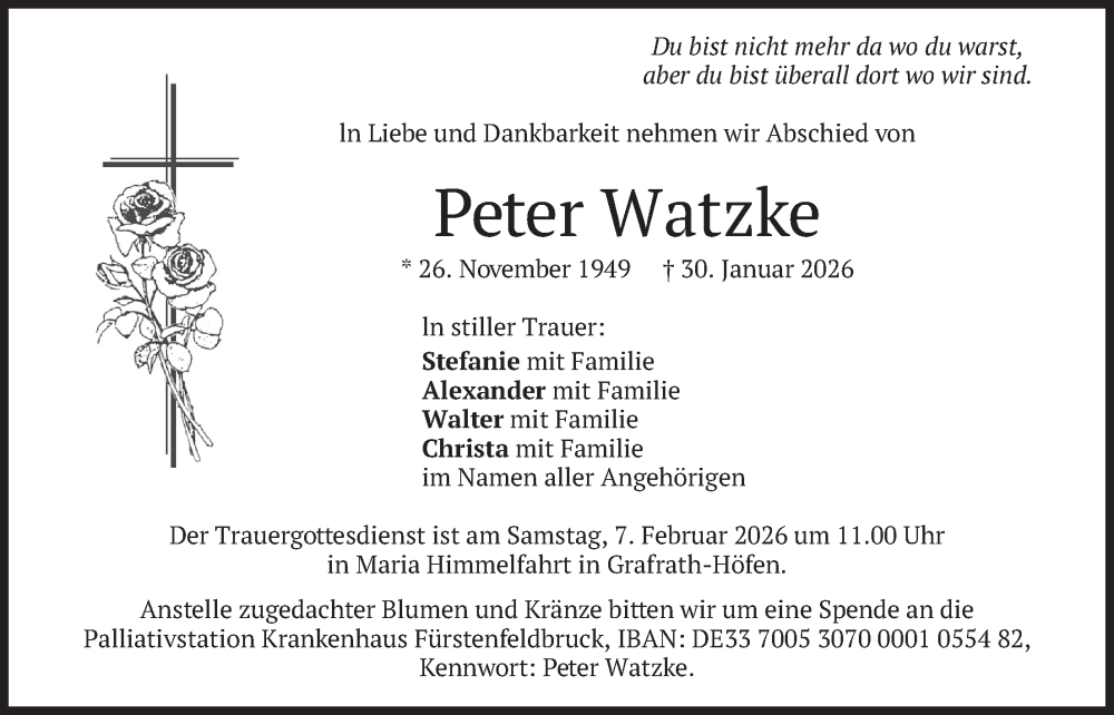  Traueranzeige für Peter Watzke vom 04.02.2026 aus merkurtz