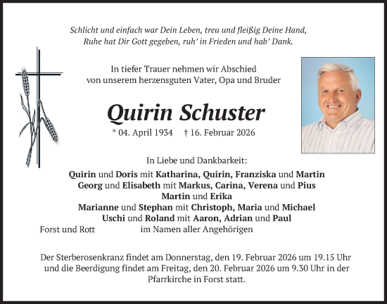 Traueranzeige von Quirin Schuster von merkurtz