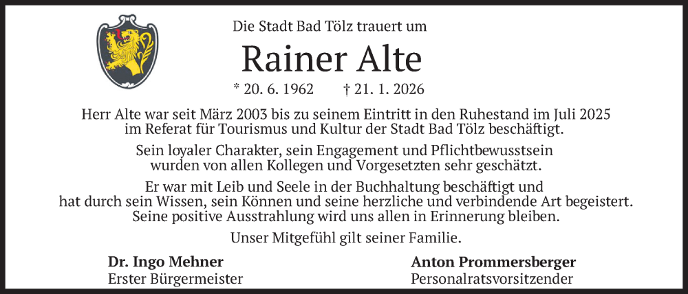  Traueranzeige für Rainer Alte vom 06.02.2026 aus merkurtz