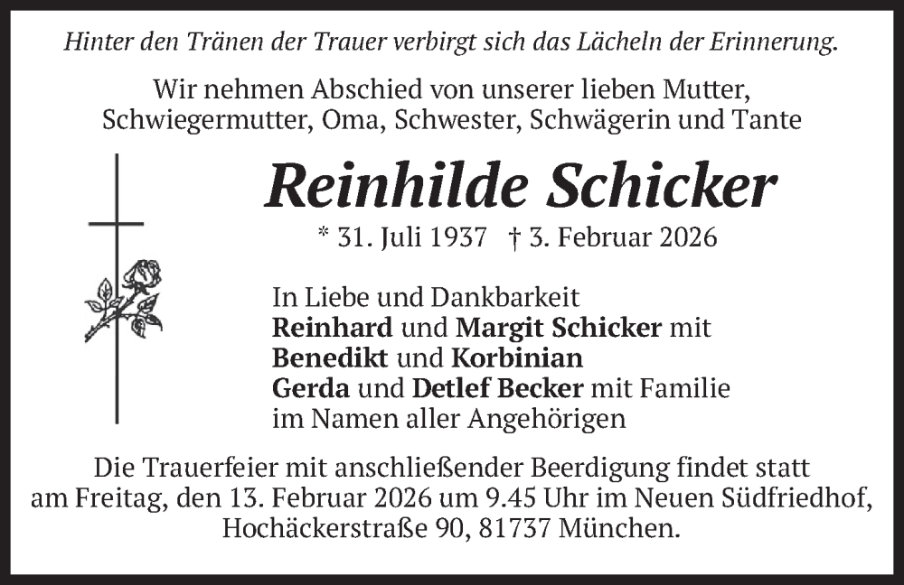  Traueranzeige für Reinhilde Schicker vom 07.02.2026 aus merkurtz