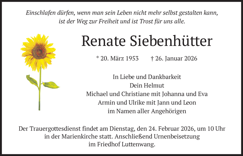  Traueranzeige für Renate Siebenhütter vom 14.02.2026 aus merkurtz