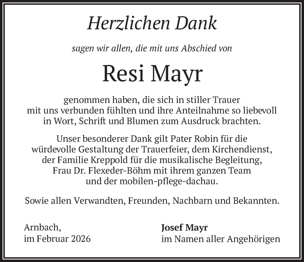  Traueranzeige für Resi Mayr vom 14.02.2026 aus merkurtz