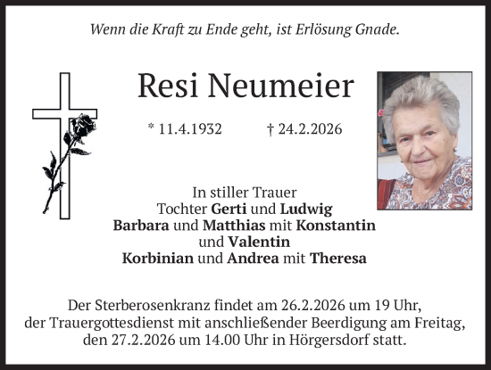 Traueranzeige von Resi Neumeier von merkurtz