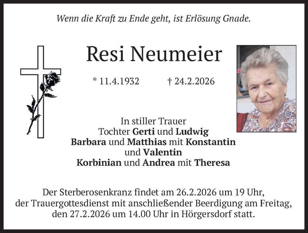  Traueranzeige für Resi Neumeier vom 25.02.2026 aus merkurtz