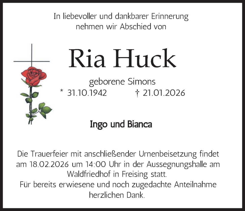  Traueranzeige für Ria Huck vom 07.02.2026 aus merkurtz