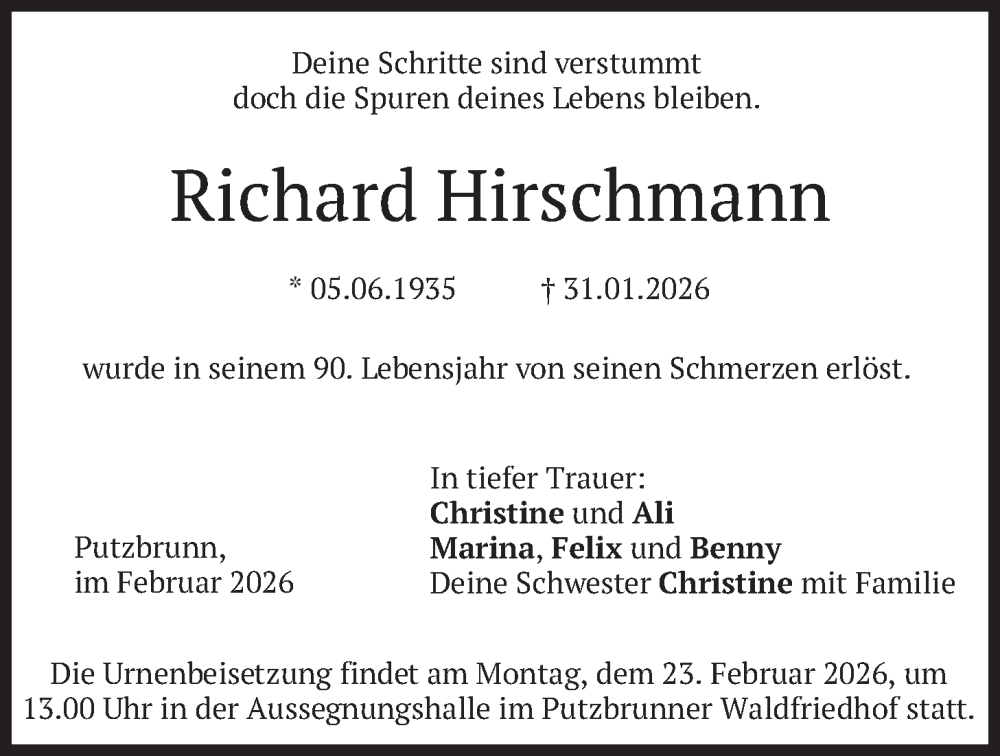  Traueranzeige für Richard Hirschmann vom 07.02.2026 aus merkurtz