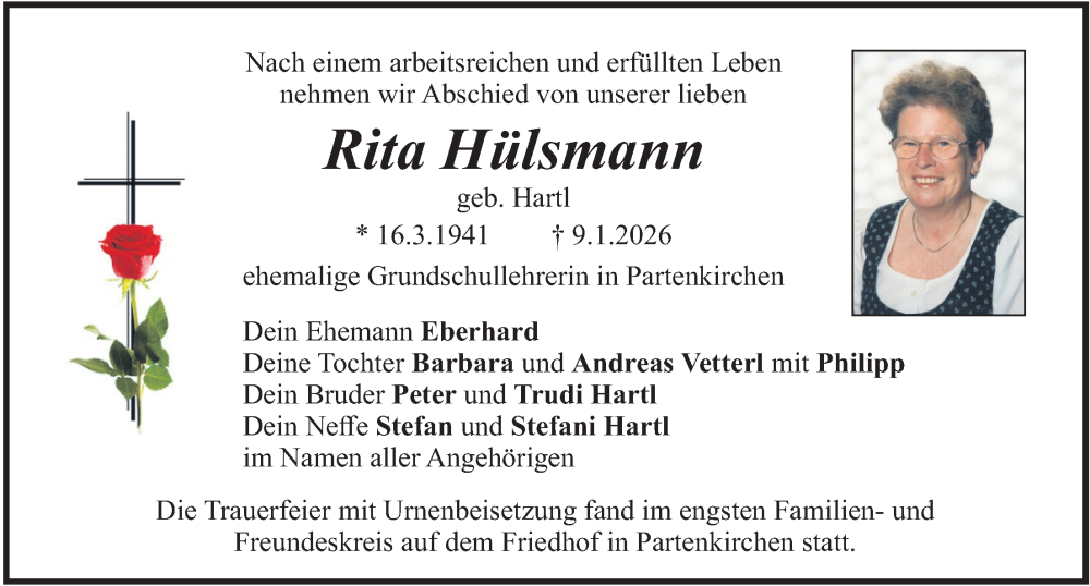  Traueranzeige für Rita Hülsmann vom 14.02.2026 aus merkurtz