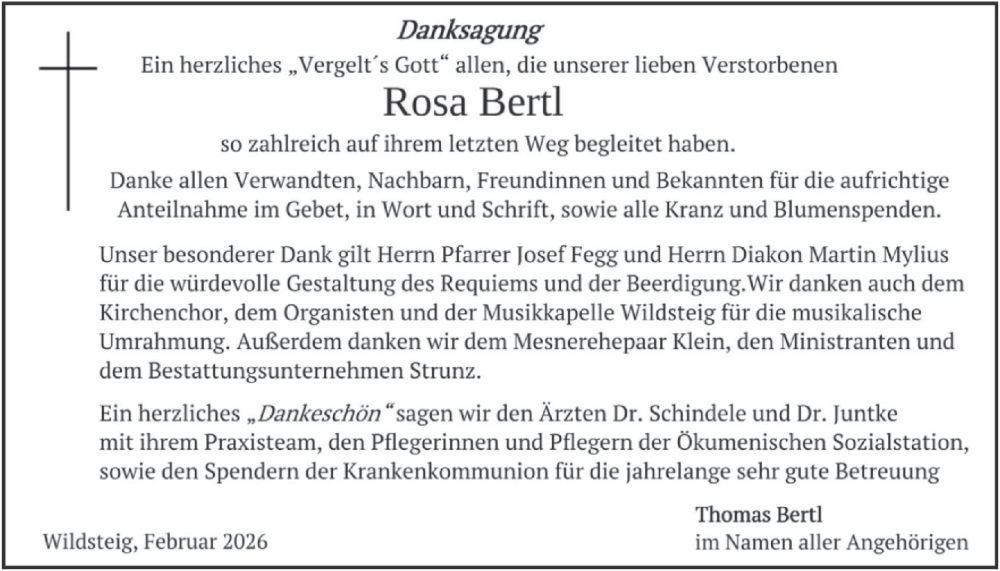  Traueranzeige für Rosa Bertl vom 06.02.2026 aus merkurtz