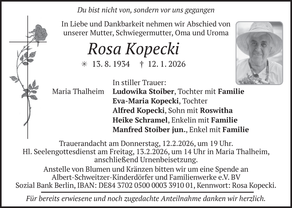  Traueranzeige für Rosa Kopecki vom 07.02.2026 aus merkurtz