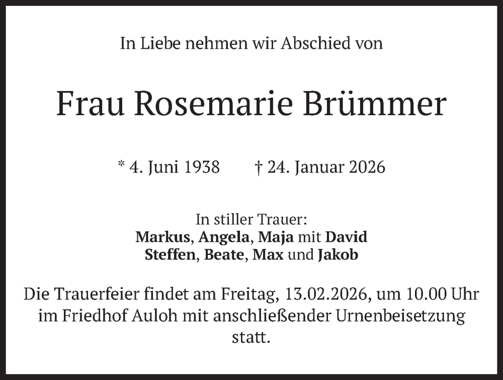  Traueranzeige für Rosemarie Brümmer vom 07.02.2026 aus merkurtz