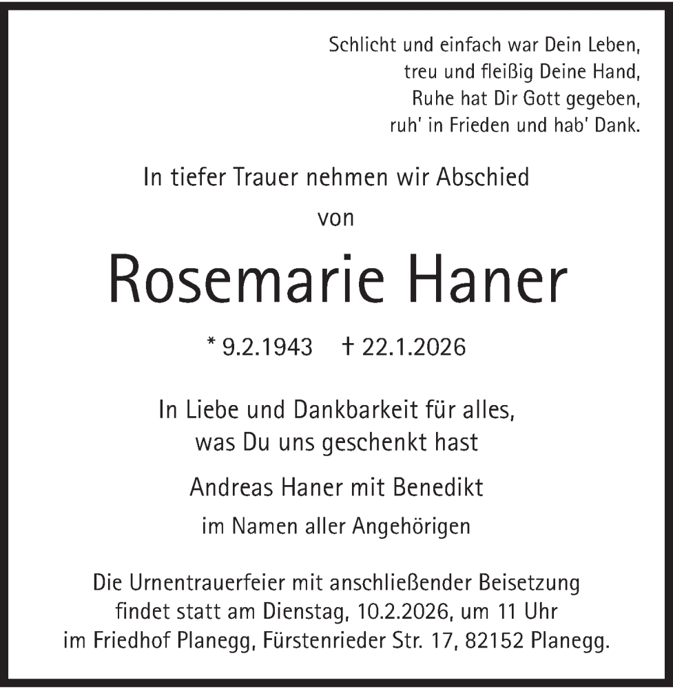  Traueranzeige für Rosemarie Haner vom 07.02.2026 aus merkurtz