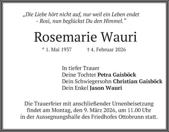 Traueranzeige von Rosemarie Wauri von merkurtz