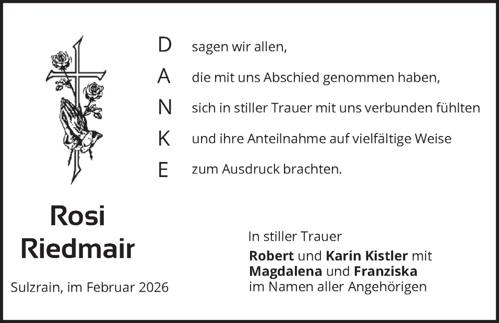  Traueranzeige für Rosi Riedmair vom 07.02.2026 aus merkurtz