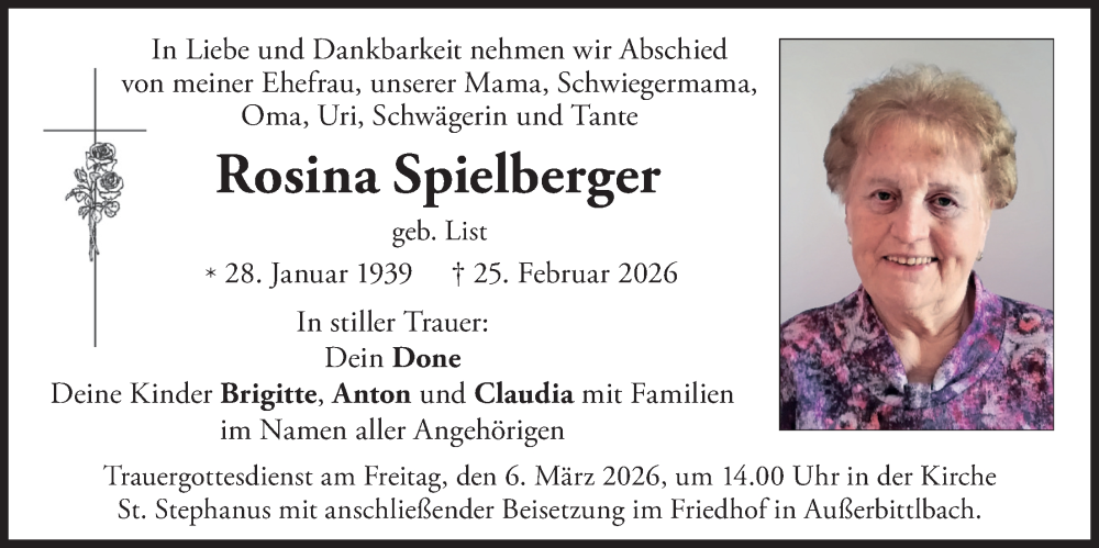  Traueranzeige für Rosina Spielberger vom 28.02.2026 aus merkurtz