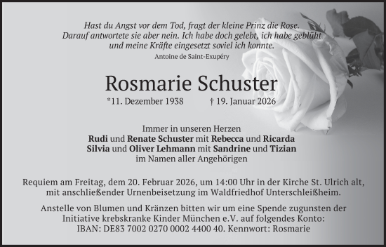Traueranzeige von Rosmarie Schuster von merkurtz