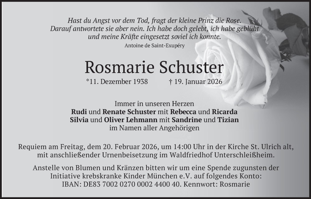  Traueranzeige für Rosmarie Schuster vom 14.02.2026 aus merkurtz