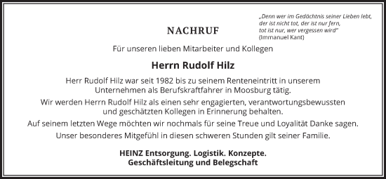 Traueranzeige von Rudolf Hilz von merkurtz
