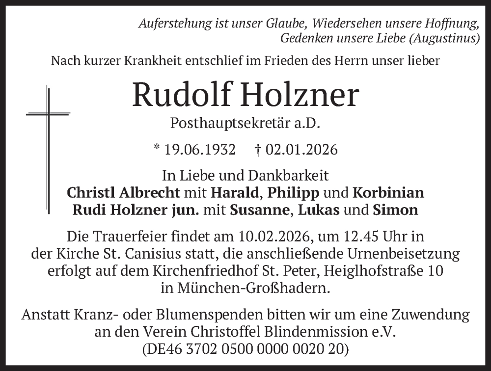  Traueranzeige für Rudolf Holzner vom 06.02.2026 aus merkurtz