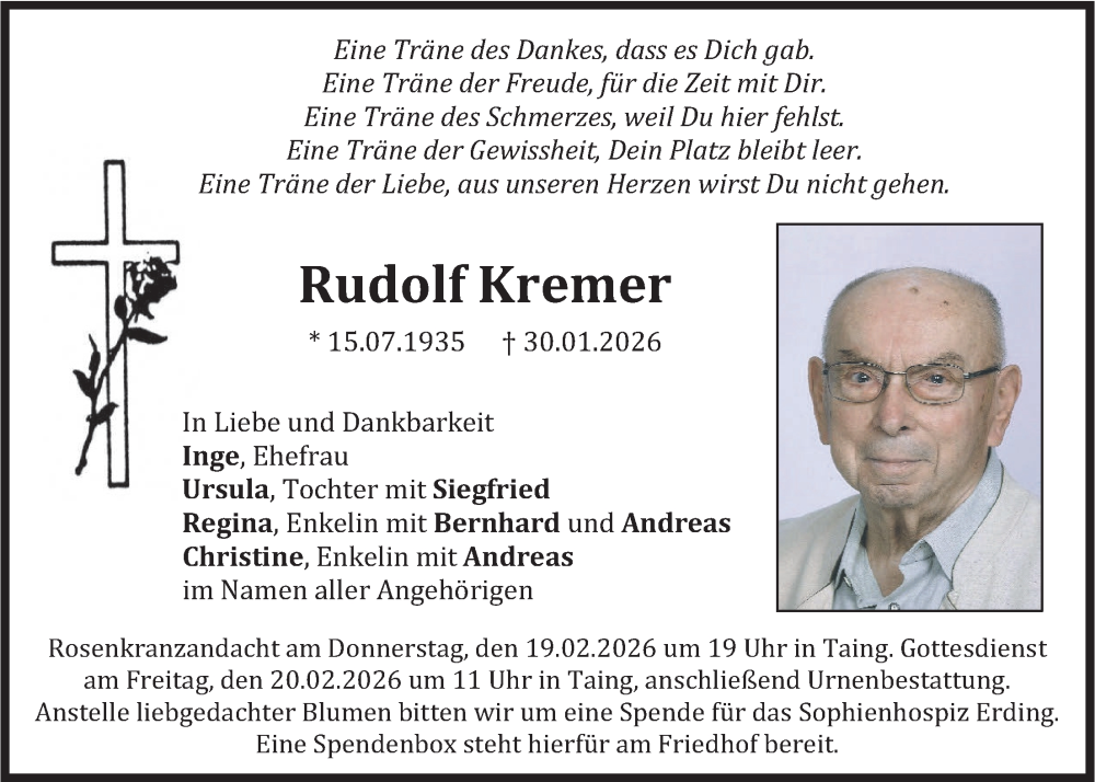  Traueranzeige für Rudolf Kremer vom 16.02.2026 aus merkurtz