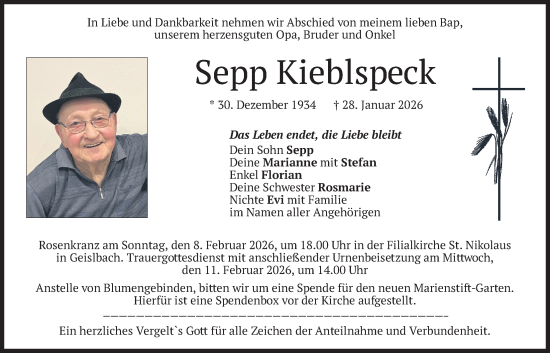 Traueranzeige von Sepp Kieblspeck von merkurtz