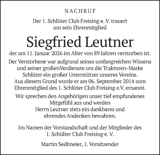 Traueranzeige von Siegfried Leutner von merkurtz