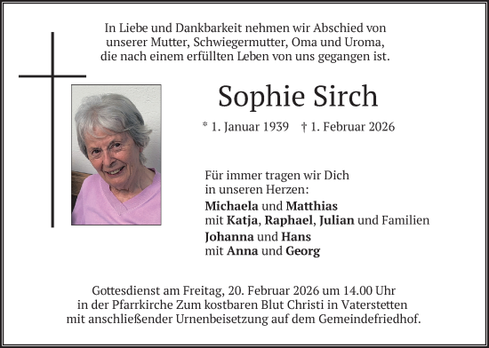 Traueranzeige von Sophie Sirch von merkurtz
