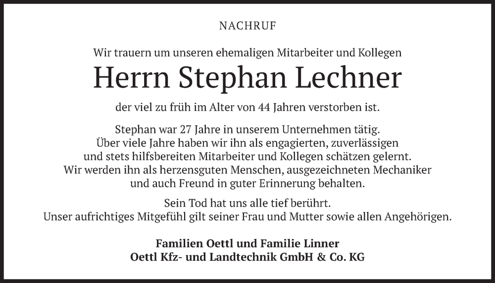  Traueranzeige für Stephan Lechner vom 10.02.2026 aus merkurtz