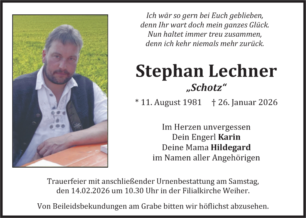  Traueranzeige für Stephan Lechner vom 10.02.2026 aus merkurtz