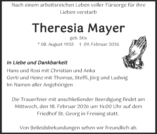 Traueranzeige von Theresia Mayer von merkurtz