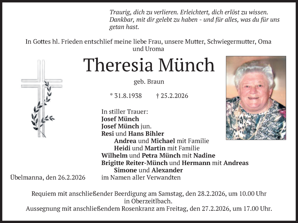  Traueranzeige für Theresia Münch vom 26.02.2026 aus merkurtz