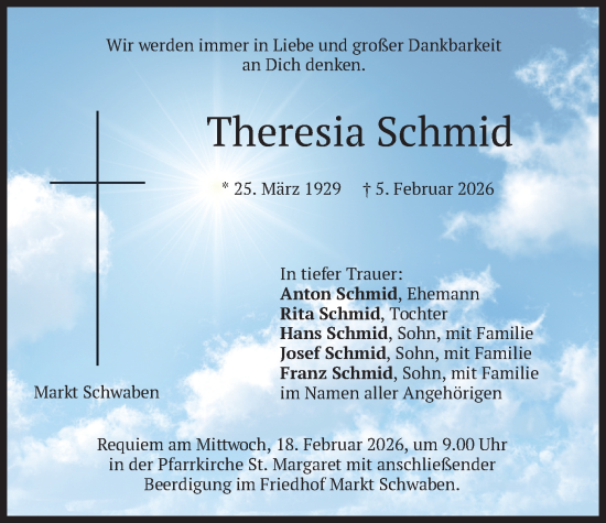 Traueranzeige von Theresia Schmid von merkurtz
