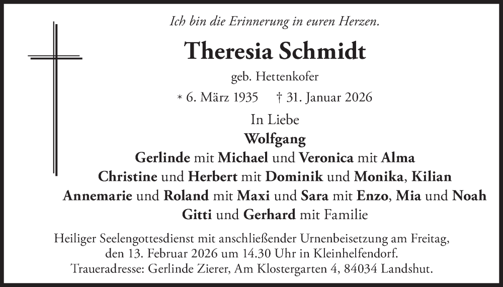  Traueranzeige für Theresia Schmidt vom 11.02.2026 aus merkurtz