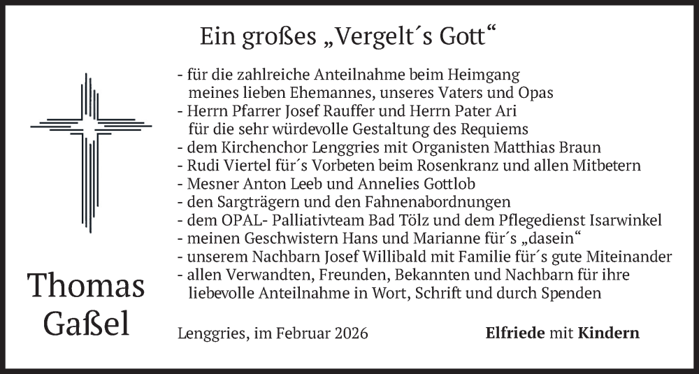  Traueranzeige für Thomas Gaßel vom 14.02.2026 aus merkurtz