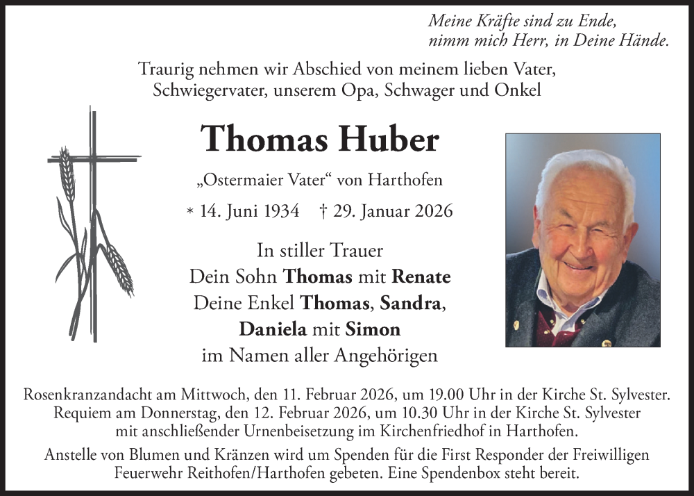  Traueranzeige für Thomas Huber vom 07.02.2026 aus merkurtz