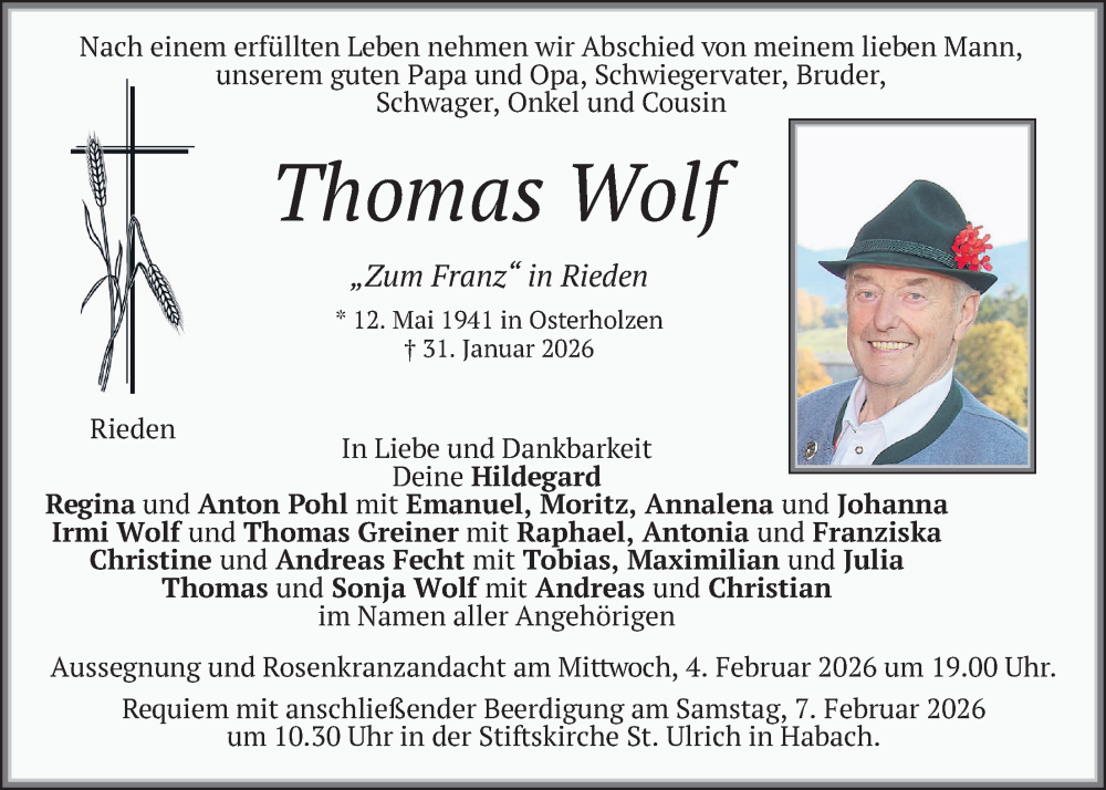  Traueranzeige für Thomas Wolf vom 03.02.2026 aus merkurtz