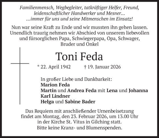 Traueranzeige von Toni Feda von merkurtz