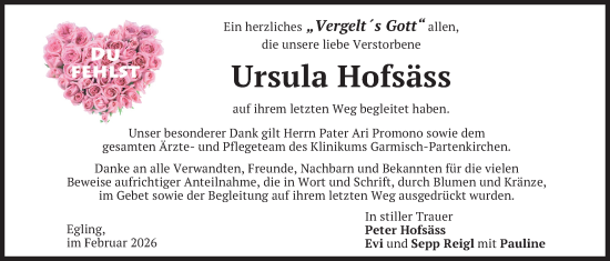 Traueranzeige von Ursula Hofsäss von merkurtz