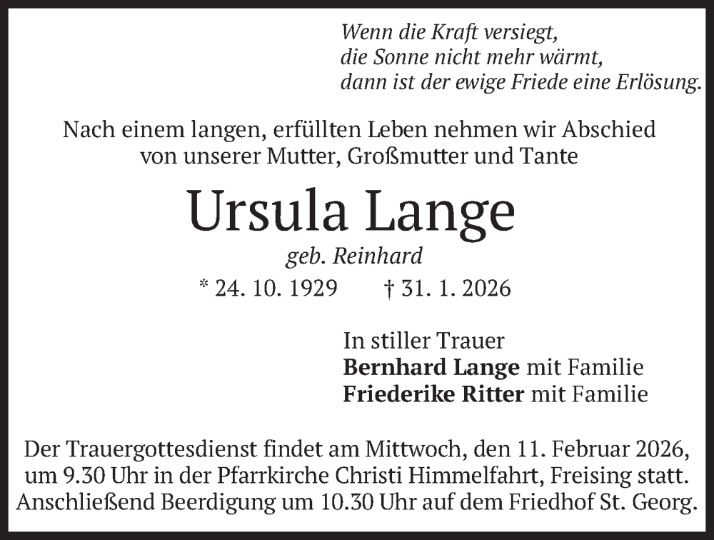  Traueranzeige für Ursula Lange vom 07.02.2026 aus merkurtz