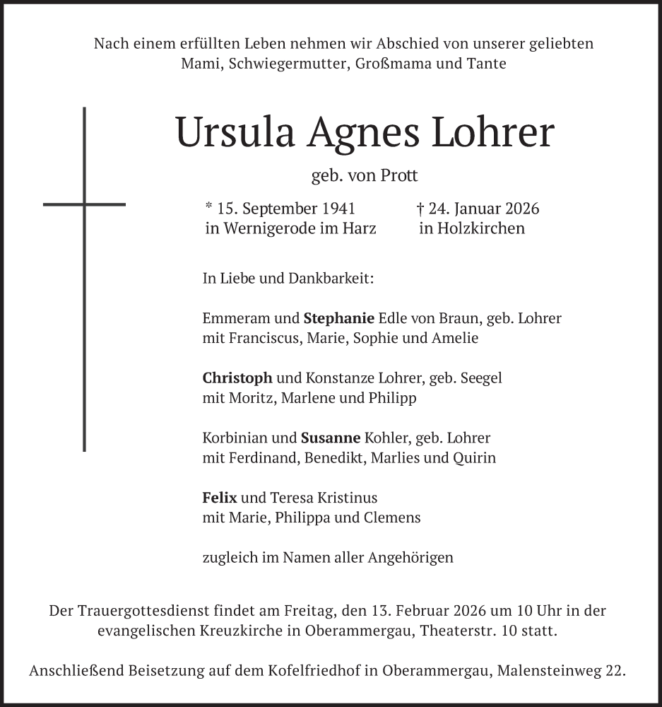  Traueranzeige für Ursula Agnes Lohrer vom 07.02.2026 aus merkurtz
