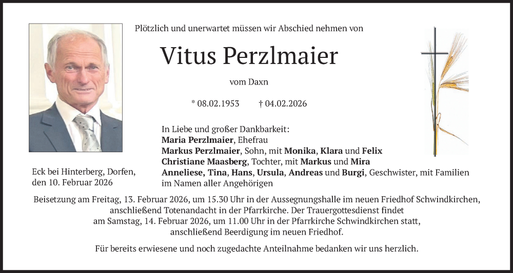  Traueranzeige für Vitus Perzlmaier vom 10.02.2026 aus merkurtz
