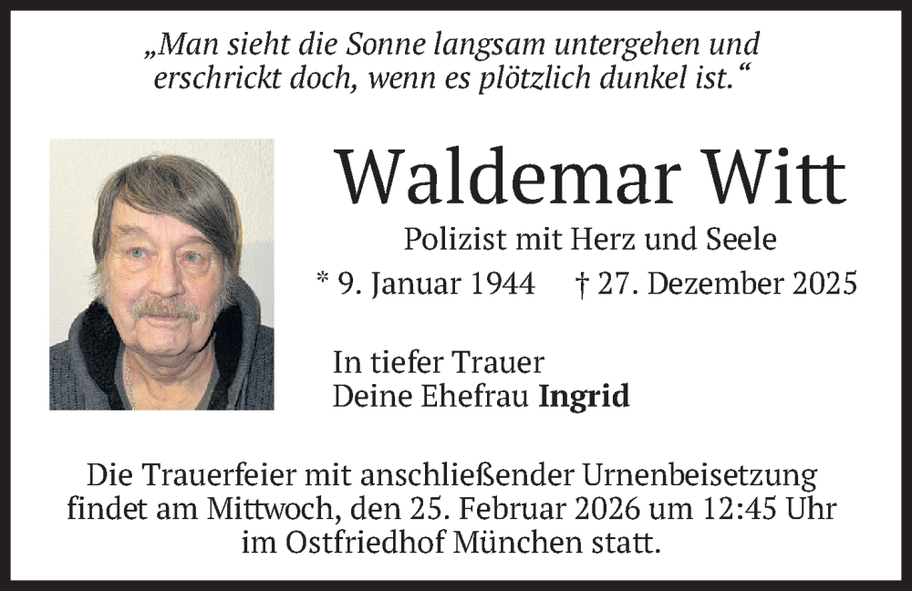  Traueranzeige für Waldemar Witt vom 21.02.2026 aus merkurtz