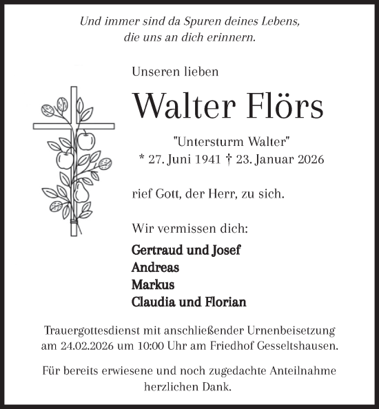 Traueranzeige von Walter Flörs von merkurtz