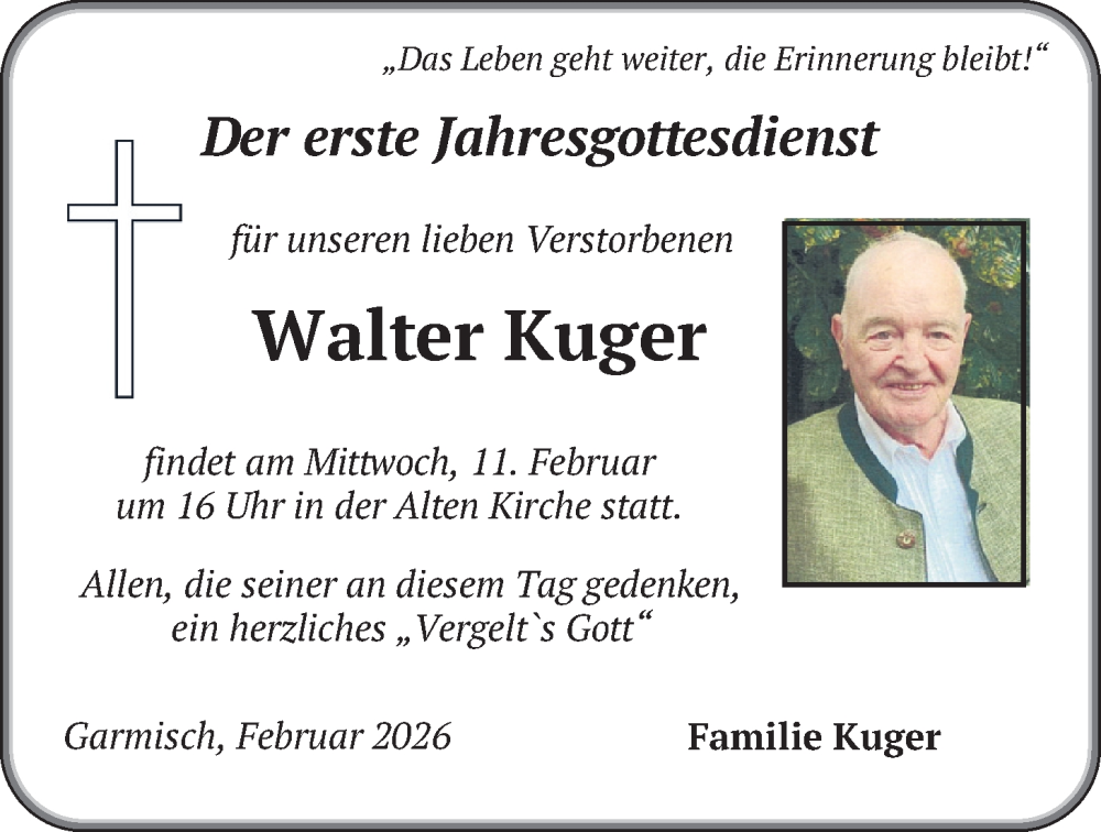  Traueranzeige für Walter Kuger vom 07.02.2026 aus merkurtz