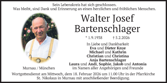 Traueranzeige von Walter Josef Bartenschlager von merkurtz
