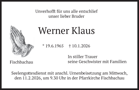 Traueranzeige von Werner Klaus von merkurtz