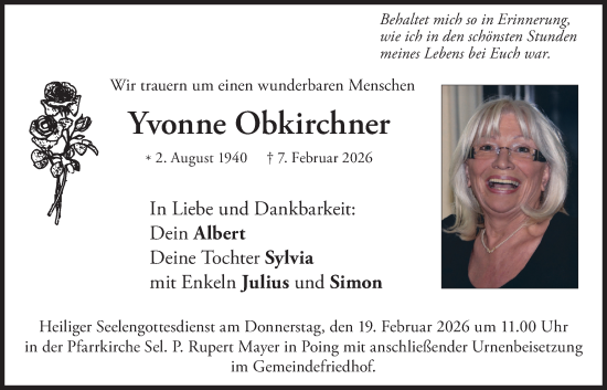 Traueranzeige von Yvonne Obkirchner von merkurtz